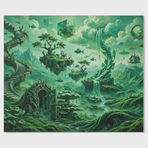 Papel De Presente Sonhos Esmeralda Paisagem Surrealista Tons de Verd