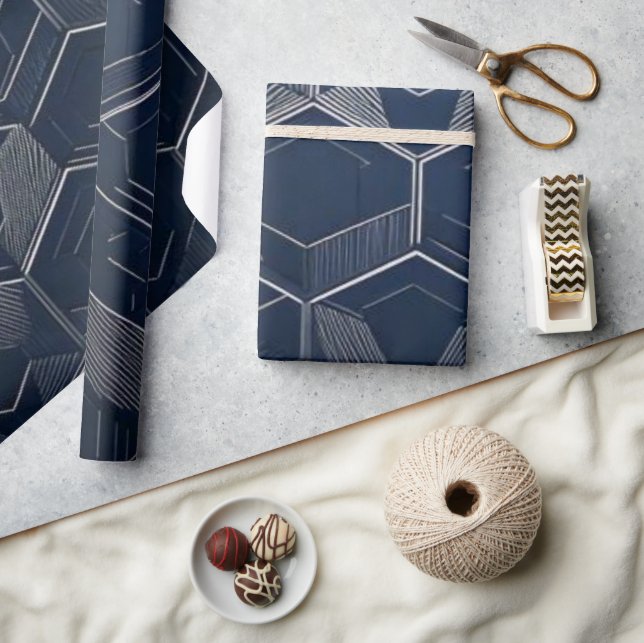 Papel De Presente Sophisticated Navy and Silver Hexagon Paper (Artesanato)
