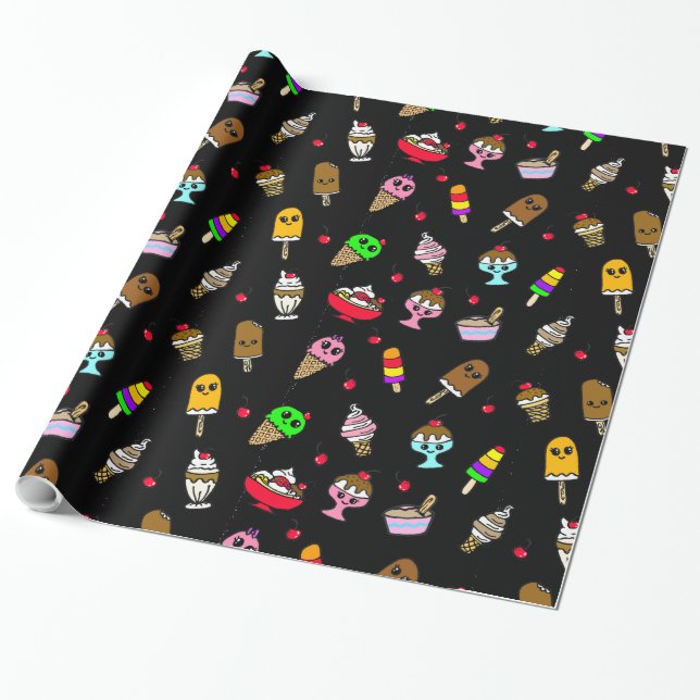 Papel De Presente Sorvete Caprichoso e Cerejas de Aniversário (Desenrolado)