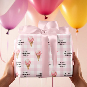 Papel De Presente Sorvete Doce Aniversário Xadrez Rosa Nome Personal