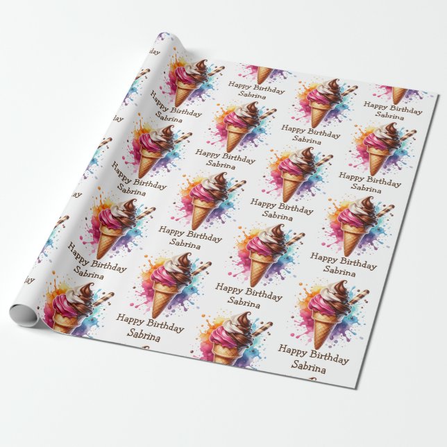 Papel De Presente Sorvete Personalizado Cone Birthday (Desenrolado)