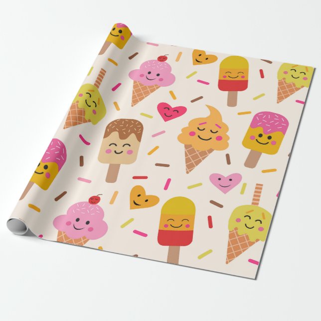 Papel De Presente Sorvete Sorridente Kawaii Aniversário Infantil  (Desenrolado)