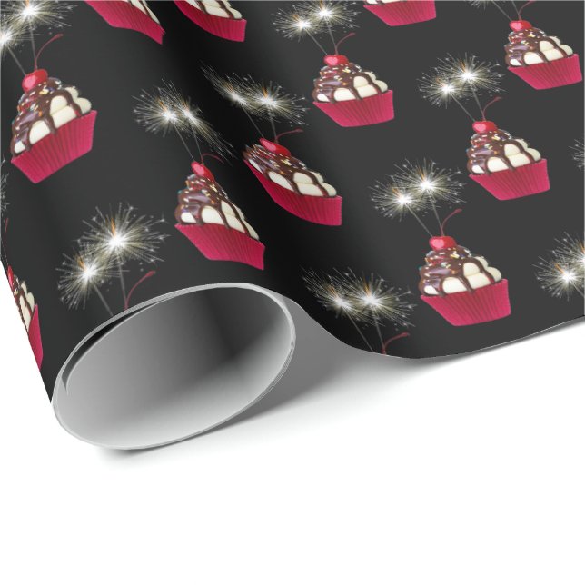 Papel De Presente Sorvete Sundae e Sparkler em preto (Ponta do rolo)