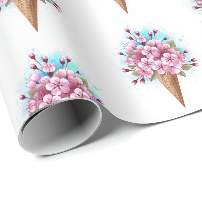 Papel De Presente Sorvete Waffle Rosa Sakura Cone (Ponta do rolo)