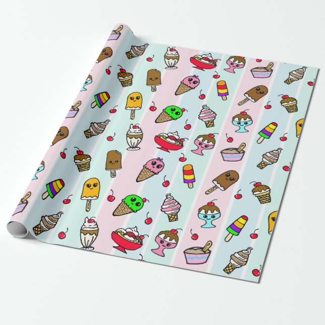 Papel De Presente Sorvete Whimsic e Cereries Aniversário (Desenrolado)