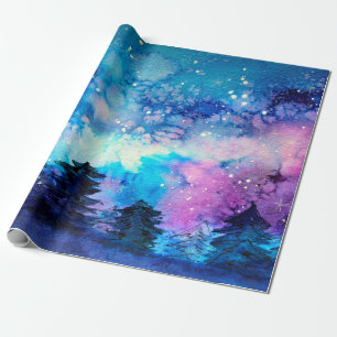 Papel De Presente Space art at watercolor with night sky and trees