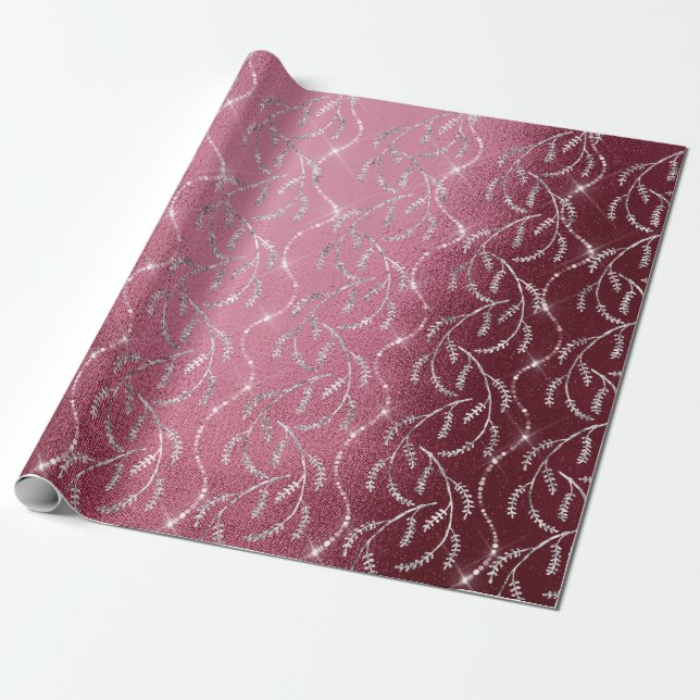 Papel De Presente Sparkly Burgundy Laurel Floral Silver Diamantes (Desenrolado)