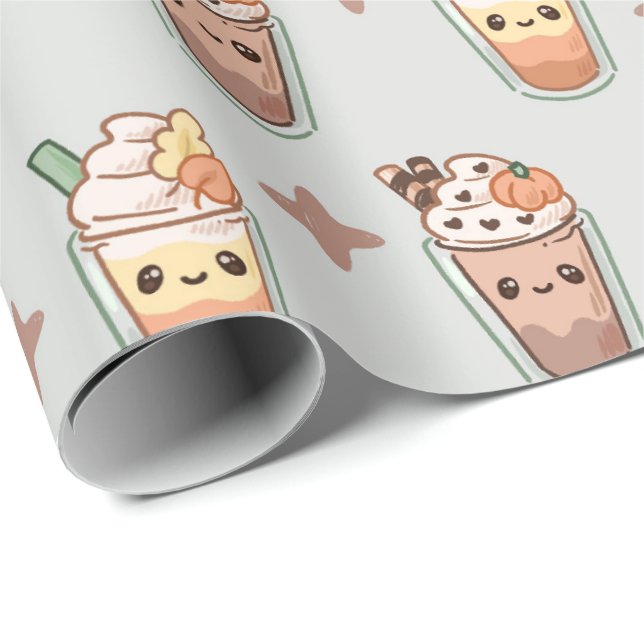 Papel De Presente Sparkly Fall Drinks Kawaii Pastel Pattern (Ponta do rolo)