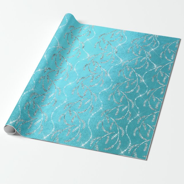Papel De Presente Sparkly Ocean Laurel Floral Silver Diamantes (Desenrolado)