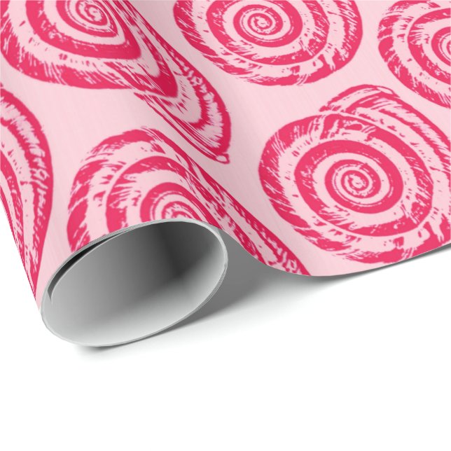 Papel De Presente Spiral Seashell Block Impressão, Coral Rosa e Fuch (Ponta do rolo)