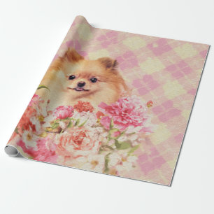 Papel De Presente Spitz alemão Pomerano Bonito com Flores