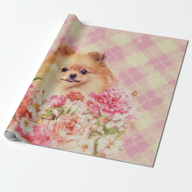Papel De Presente Spitz alemão Pomerano Bonito com Flores (Desenrolado)