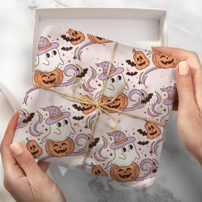 Papel De Presente Spookone One Retro Ghost & Pumpkin Pink Halloween (Criador carregado)