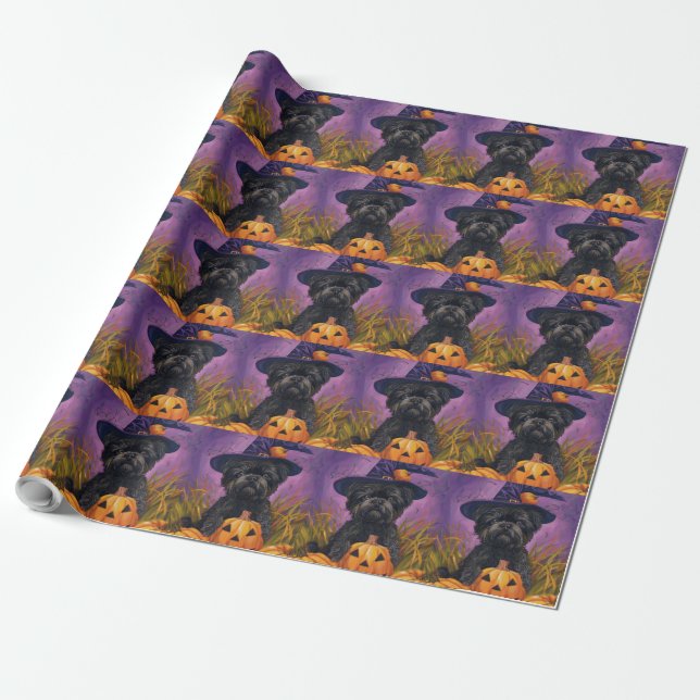 Papel De Presente Spooky Affenpinscher Halloween Witch e Pumpkin (Desenrolado)