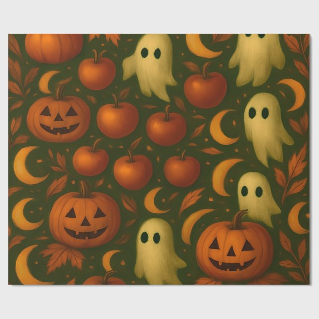 Papel De Presente 🎃 Spooky Autumn Wrapping Paper – Ghosts, Pumpkins (Aberto)