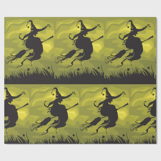Papel De Presente Spooky Halloween Witch Flying on Broomstick (Aberto)