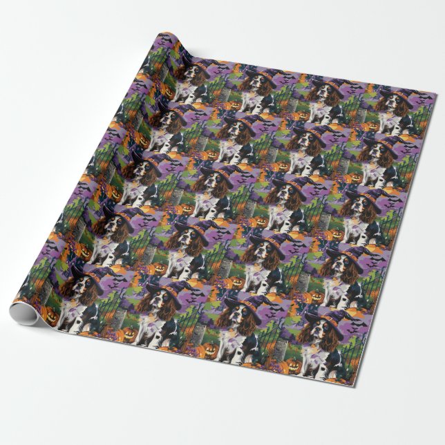 Papel De Presente Springer Spaniel Assustador da Bruxa do Halloween  (Desenrolado)