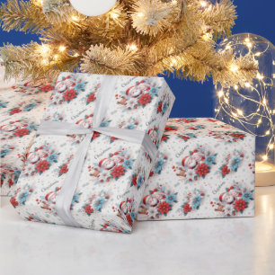 Papel De Presente Sr. e Sra. Claus, Rudolph, Poinsettias e Holly