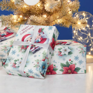 Papel De Presente Sr. e Sra. Claus, Rudolph, Poinsettias e Holly