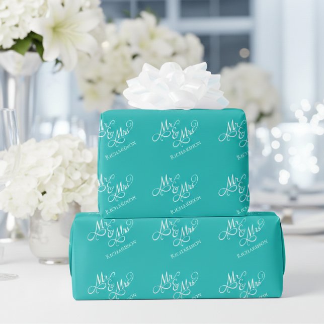 Papel De Presente Sr e Sra Turquesa Personalizado (elegant mr and mrs birds egg blue turquoise wedding wrapping paper)