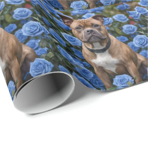 Papel De Presente Staffy Marrom No Jardim De Rosas Azuis,