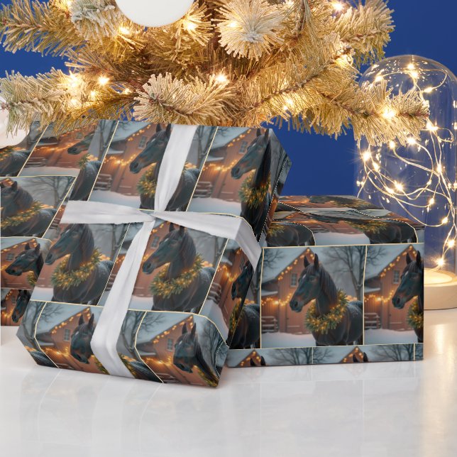 Papel De Presente Stallion Vestindo uma Terra de Natal iluminada (Feriados)