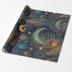 Papel De Presente Star and Moon Winter Night Sky - Fantasia e Sonho