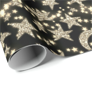 Papel De Presente Star Moon Spark Night Galaxy Black Champaigne Dour