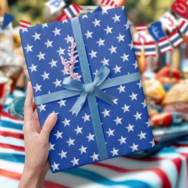 Papel De Presente Star Spangled Silver Stars On Navy Blue Americana (Criador carregado)