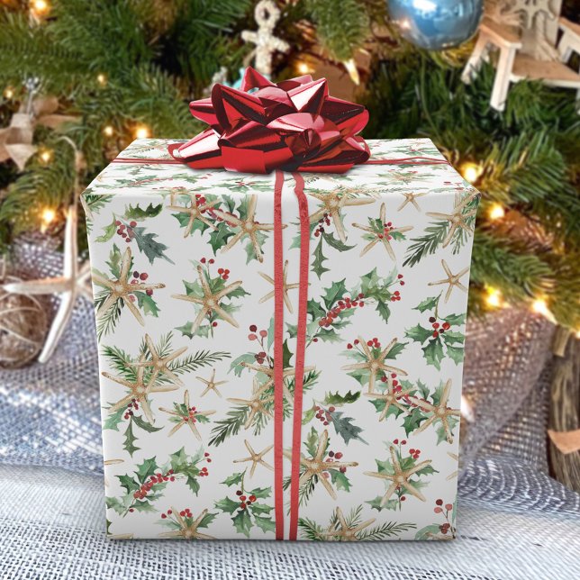 Papel De Presente Starfish e Holly da praia do Natal tropical (Criador carregado)