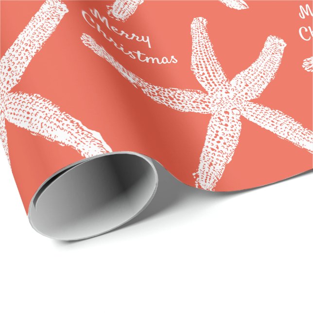 Papel De Presente Starfish Orange White Beach Feliz Natal 2024 (Ponta do rolo)