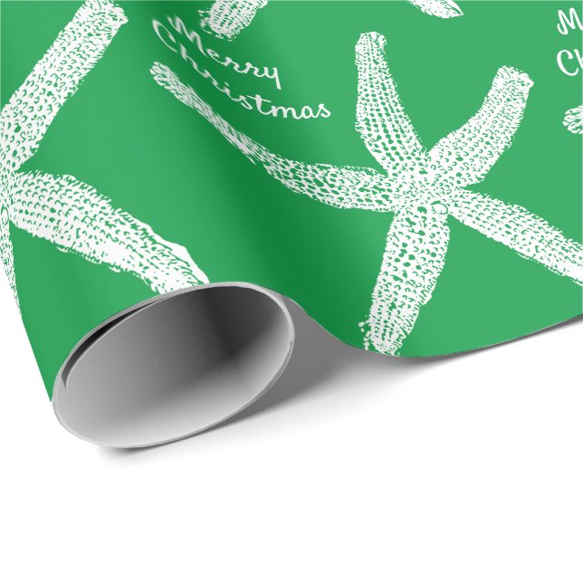 Papel De Presente Starfish Padrão Green Beach White Feliz Natal (Ponta do rolo)