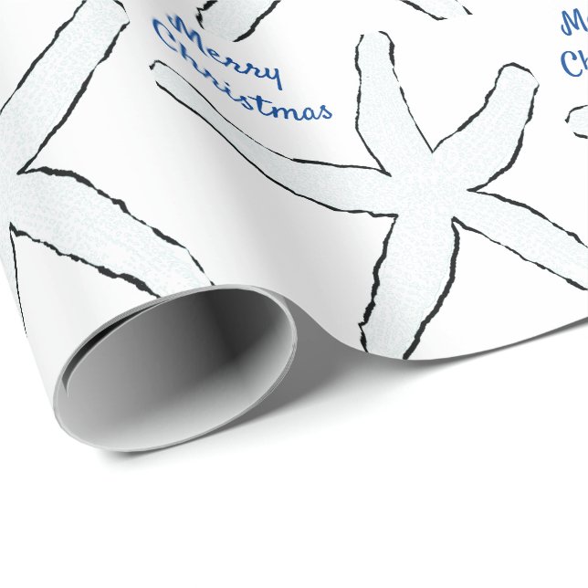 Papel De Presente Starfish Padrões Blue White Beach Feliz Natal (Ponta do rolo)