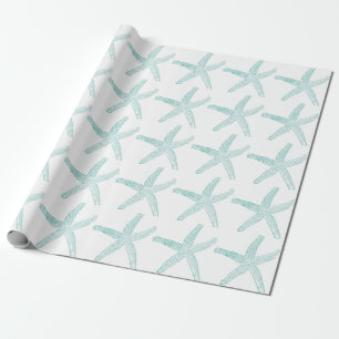 Papel De Presente Starfish Patteral Beach Coastal Teal Blue White