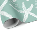 Papel De Presente Starfish Sea Green Beach Merry Christmas Trendy<br><div class="desc">Impresso com padrões de estrelas brancas em fundo verde personalizado com modelo de texto para 'Feliz Natal'!</div>