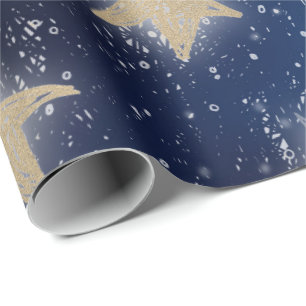 Papel De Presente Stars Galaxy Sky Marinho Blue Night Dourado