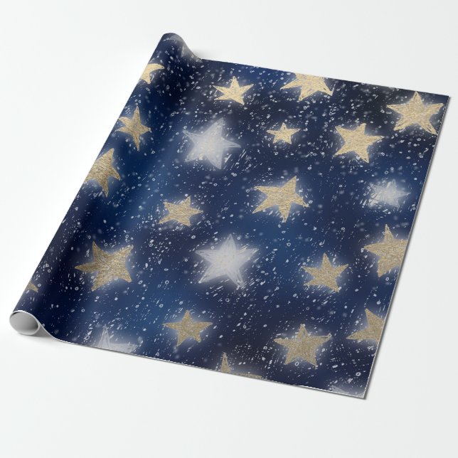Papel De Presente Stars Galaxy Sky Marinho Blue Night Sepia Dourado  (Desenrolado)