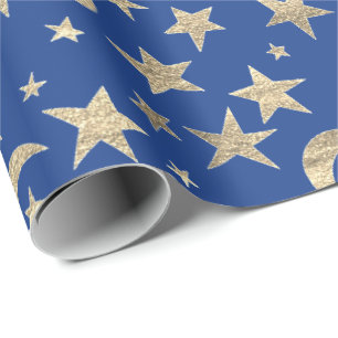 Papel De Presente Stars Lua Azul Indigo Dourado Champaço do Céu Metá