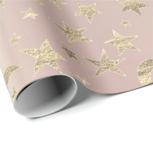 Papel De Presente Stars Moon Skinny Blush Dourado Metal Sky Champame