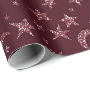 Papel De Presente Stars Moon Sparkly Burgundy - Noite da Glitter