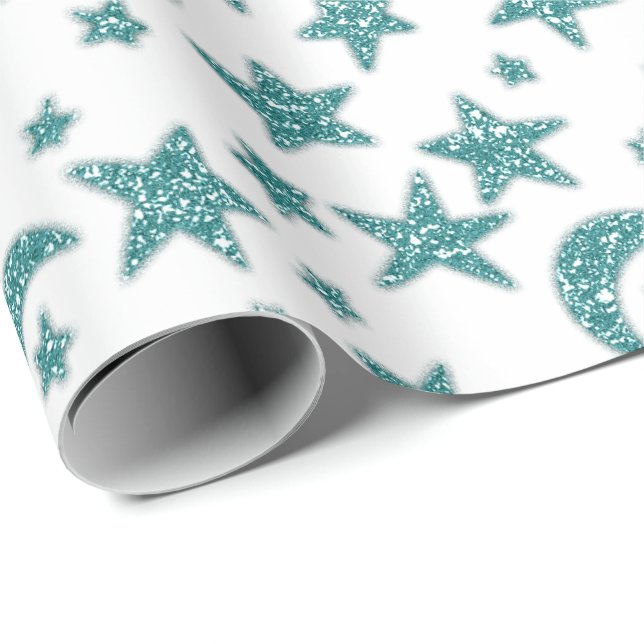 Papel De Presente Stars Moon Sparkly Teal Aqua Blue White (Ponta do rolo)