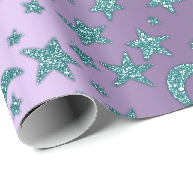 Papel De Presente Stars Moon Sparkly Teal Roxo Noite de Brilhante (Ponta do rolo)