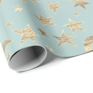Papel De Presente Stars Moon Tiffany Aqua Dourada Metal Sky Champaço