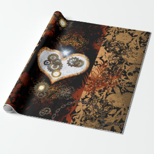 Papel De Presente Steampunk, coração bonito com engrenagens e puls