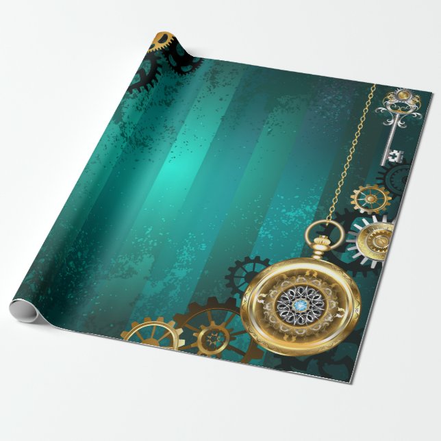 Papel De Presente Steampunk Jewelry Watch em um fundo verde (Desenrolado)