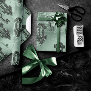 Papel De Presente Steampunk Lock e Key Green   Desligamento de vinhe