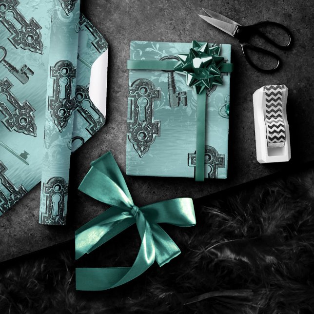 Papel De Presente Steampunk Lock e Key Teal | Desligamento de vinhet (Criador carregado)