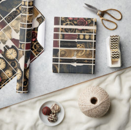 Papel De Presente Steampunk Plum Roses & Gears Wrapping Paper