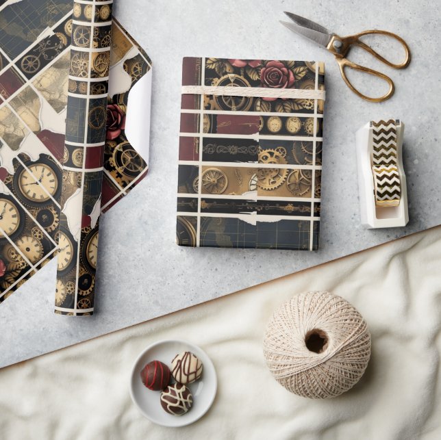 Papel De Presente Steampunk Plum Roses & Gears Wrapping Paper (Artesanato)