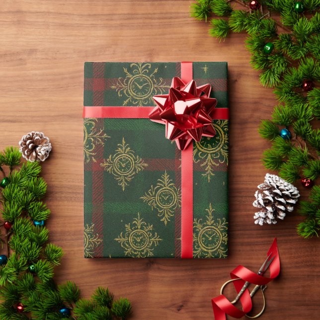 Papel De Presente Steampunk Snowflake Red and Green Tartan (Presente de Natal)